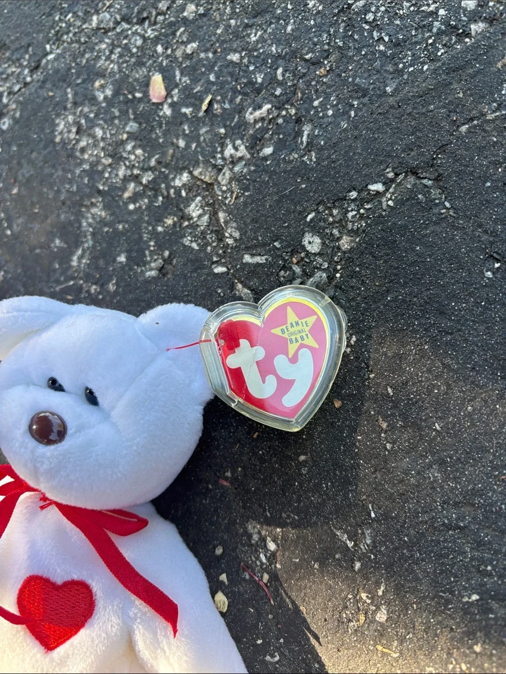 Ty White Plush Bear with Red Heart and Ribbon